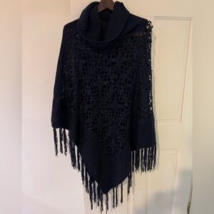 Elegant Black Crochet Poncho with Fringe